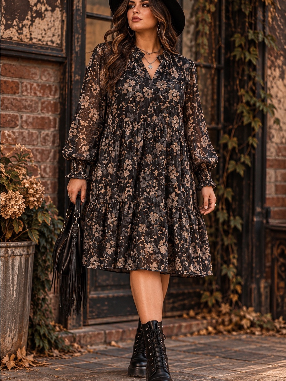Terra & Sky 1X Black Floral Tiered Midi Dress Long Sleeve Ruffle Dark Romantic
